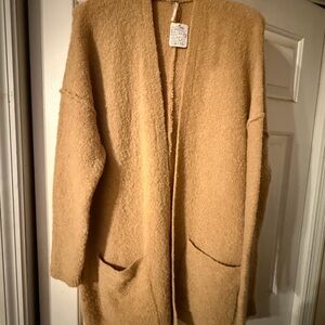 Free People Camel Teddy Knit Open Front Cardigan Coat